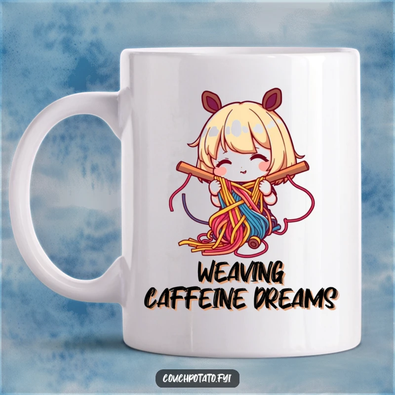 Funny mug featuring a happy character diligently weaving colorful yarn into a complex pattern, celebrating the art of weaving.