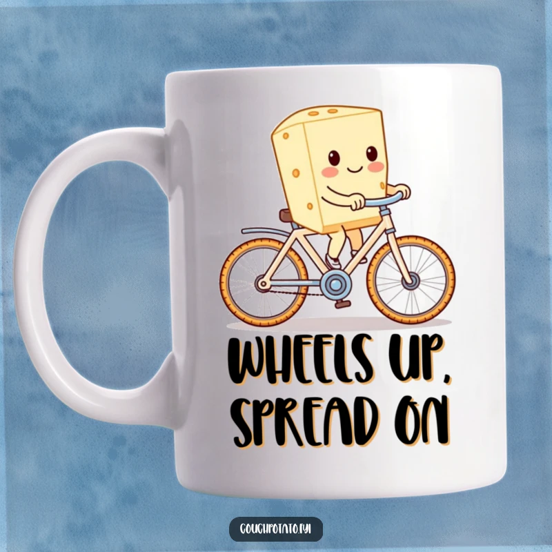 Funny cream cheese block joyfully cycling on a cracker bicycle, bringing a smile and a chuckle with every sip.