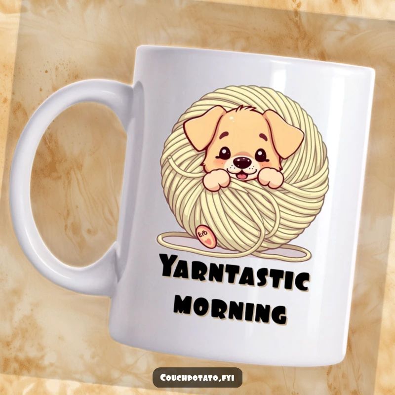 Funny playful puppy character comically tangled in a giant ball of yarn, depicted on a mug.