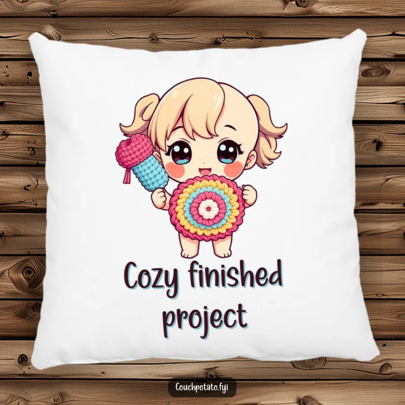 Funny, soft pillow depicting a character proudly presenting a finished crocheted object with a flourish, adding a touch of pride.