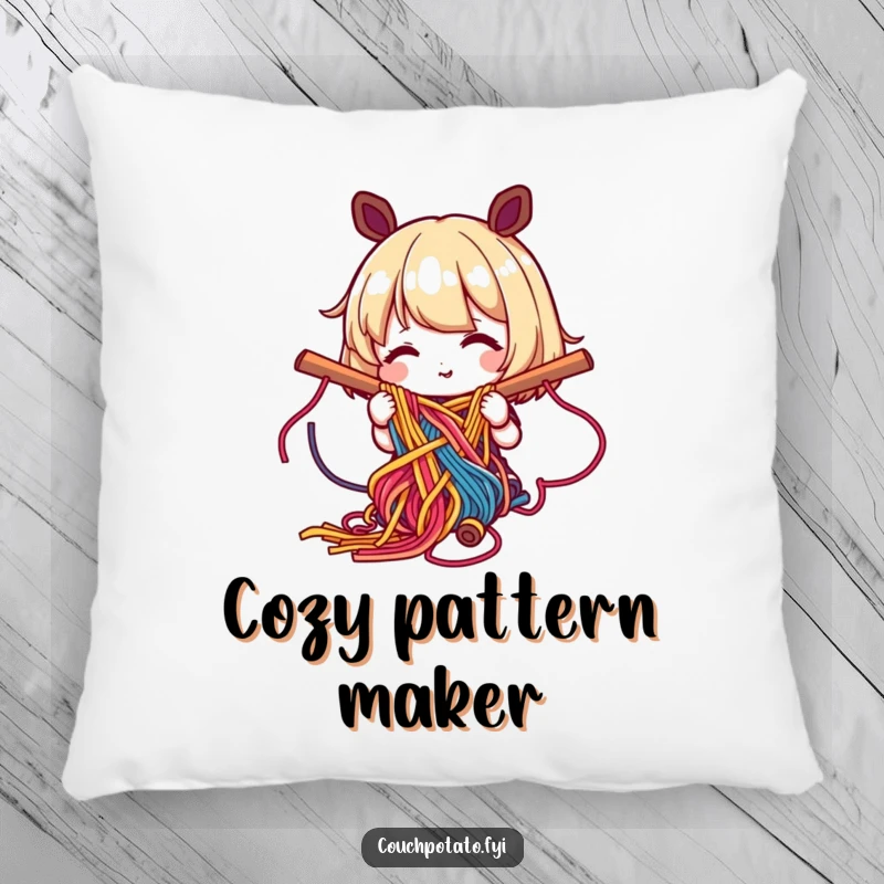 Funny pillow showing a happy character weaving colorful yarn into a complex pattern, providing comfort and artistic flair.