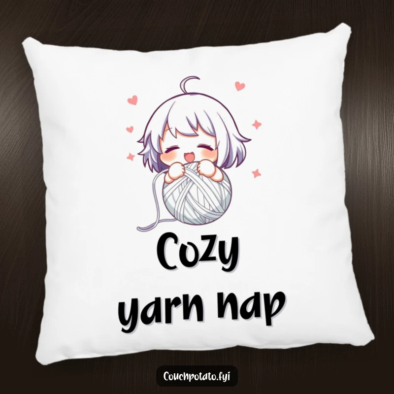 Funny pillow showing a character happily and swiftly winding yarn into a neat ball, providing comfort and organized humor.