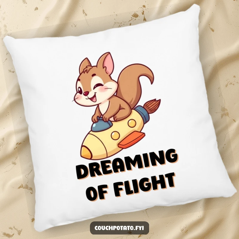 Funny squirrel rocket pillow featuring a grinning squirrel on a rocket ship, perfect for cozy adventures.