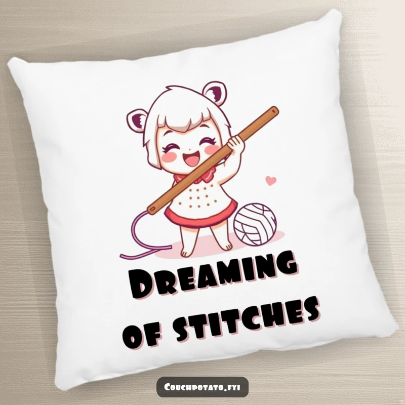Funny pillow showing a smiling character energetically swinging a large crochet hook with yarn trailing, ideal for comfortable, humorous decor.