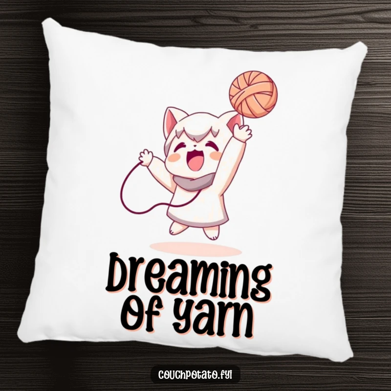 Funny accent pillow with a soft texture, depicting a character playfully tossing a ball of yarn, perfect for adding humor to sofas.
