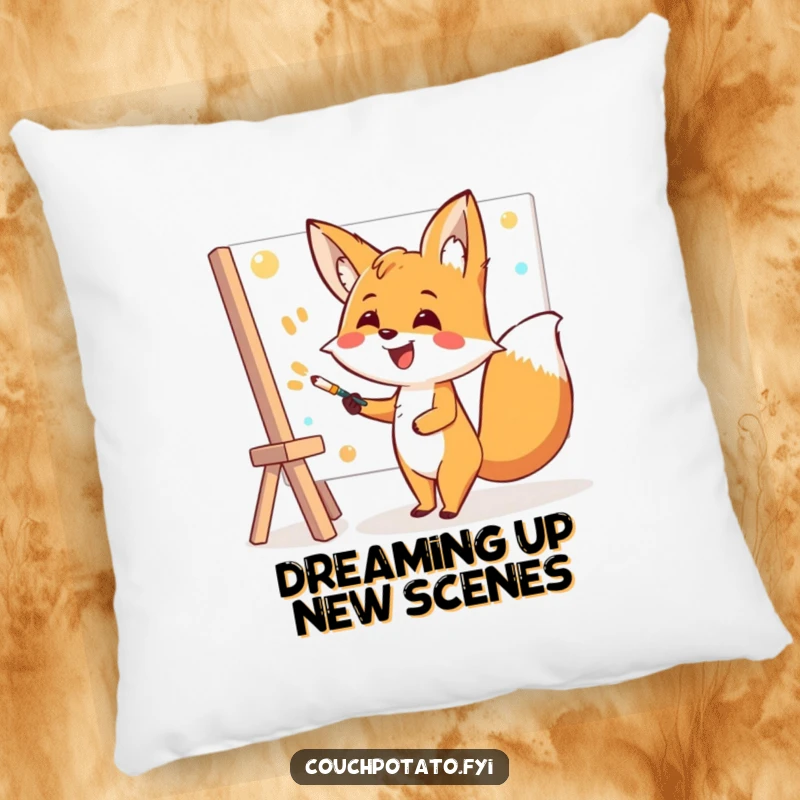Funny Fox Pillow: A happy fox artist paints with enthusiasm and a big smile, adding a touch of art to any room.