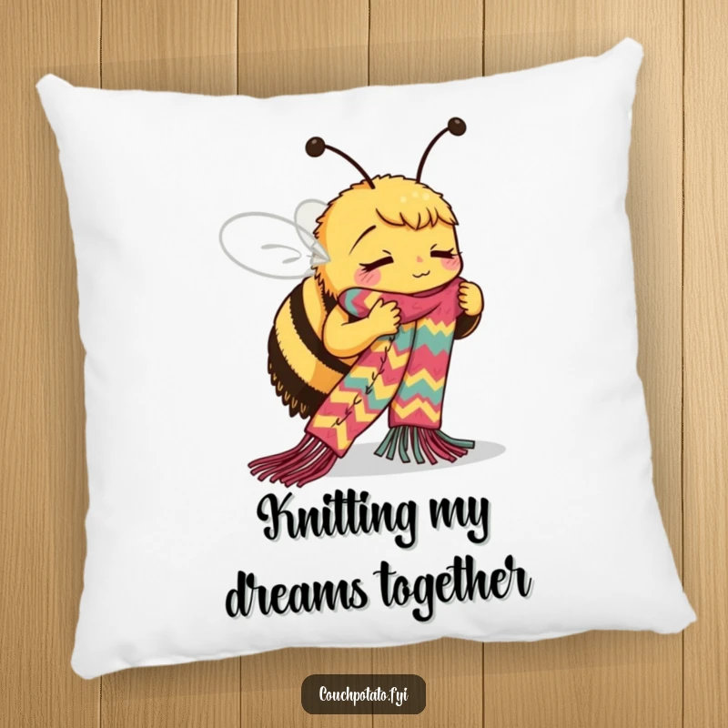 Funny Bee Pillow: A busy bee concentrates with all its might while knitting a long, vibrant scarf, bringing cozy energy.