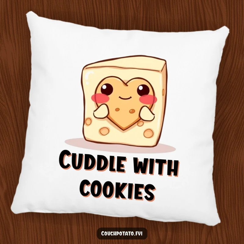 Funny blushing cream cheese block offering a heart cookie, designed on a plush pillow for cozy relaxation.