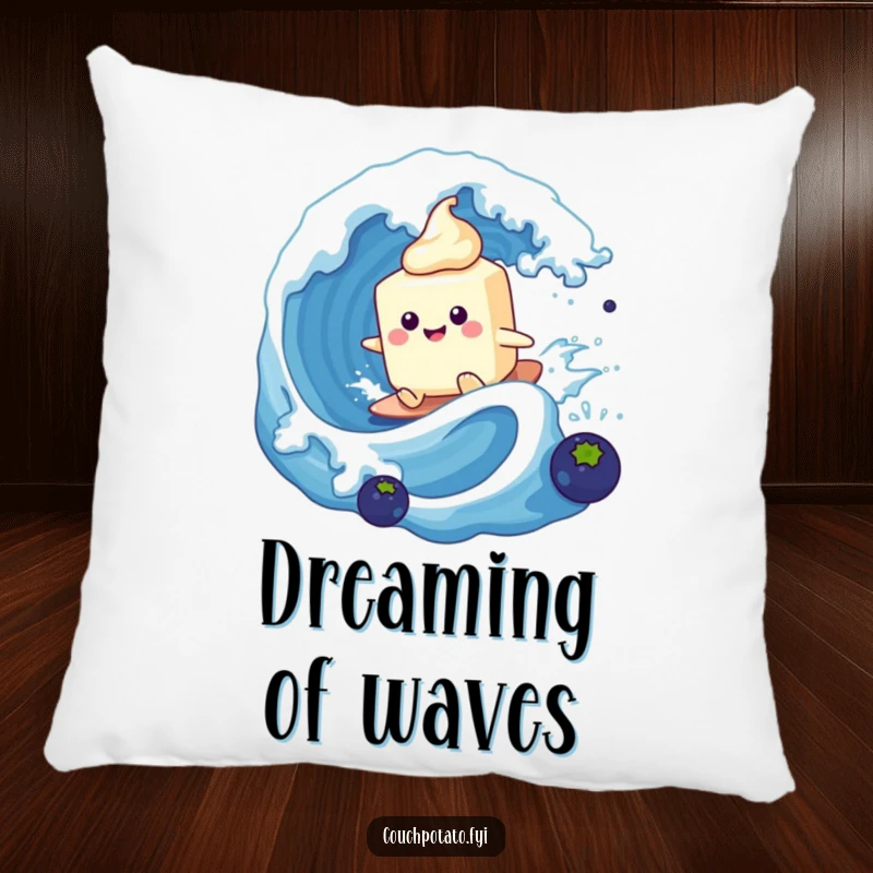 Funny cream cheese character surfing a blueberry wave, designed on a plush pillow for ultimate comfort and seaside amusement.