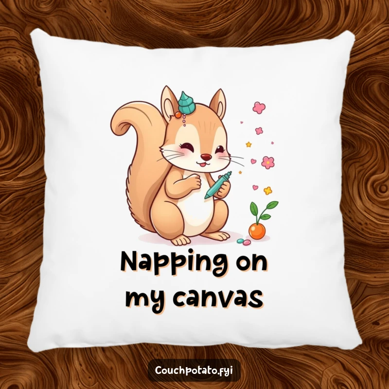 Funny creative squirrel gluing decorations onto a whimsical art piece, depicted on a soft, funny accent pillow.
