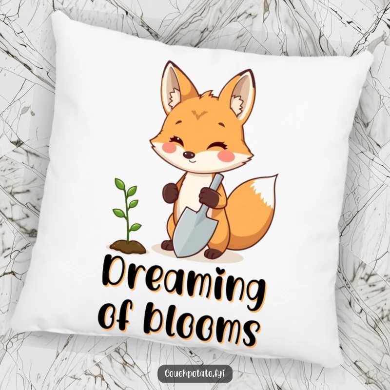 Funny fox gardener pillow, a proud fox holding a miniature shovel next to a sprouting seedling, soft and humorous home decor.
