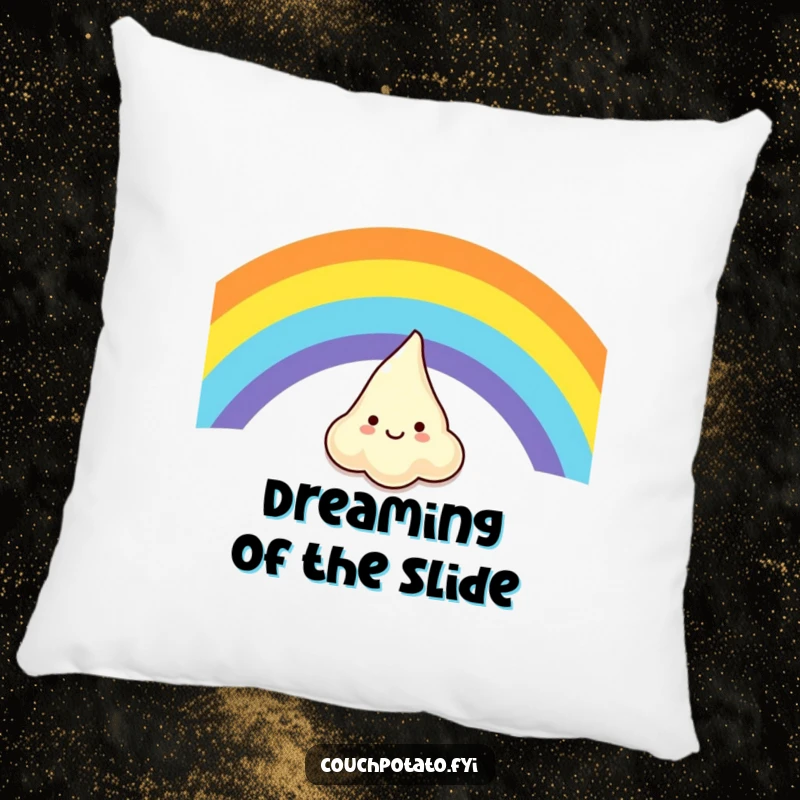 Funny pillow with a giggling cream cheese character in motion, sliding down a vibrant rainbow, adding cheerful comfort.