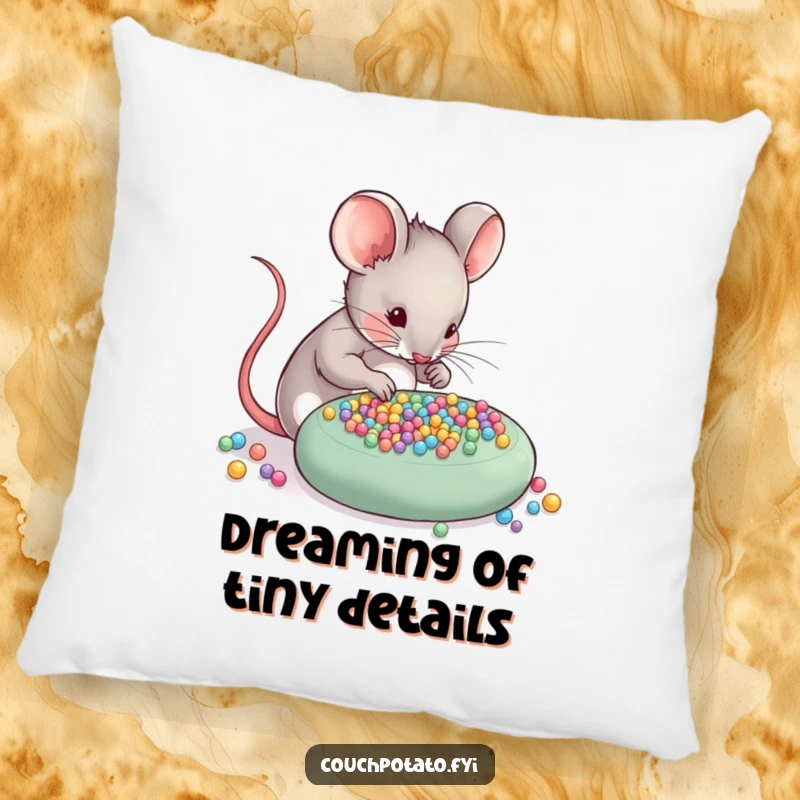 Funny Mouse Pillow: A skilled mouse meticulously arranges tiny beads onto a craft project, adding a touch of cozy, detailed energy.