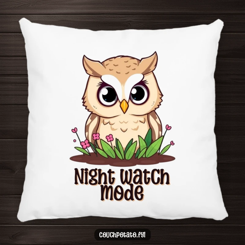 Funny owl pillow, a curious owl with wide, expressive eyes is shown overlooking a small garden bed.