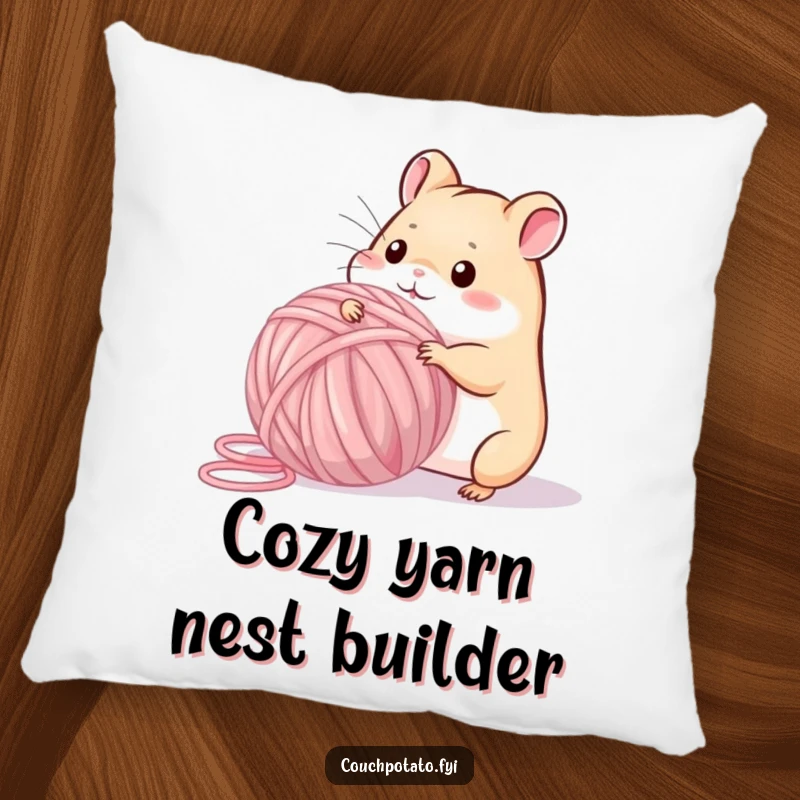 Funny playful hamster hilariously winding a giant ball of yarn, depicted on a soft, funny accent pillow.