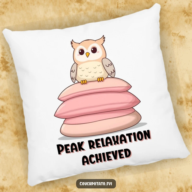 Funny pillow featuring a contented owl perched on soft cushions, offering comfort and a humorous, serene design.