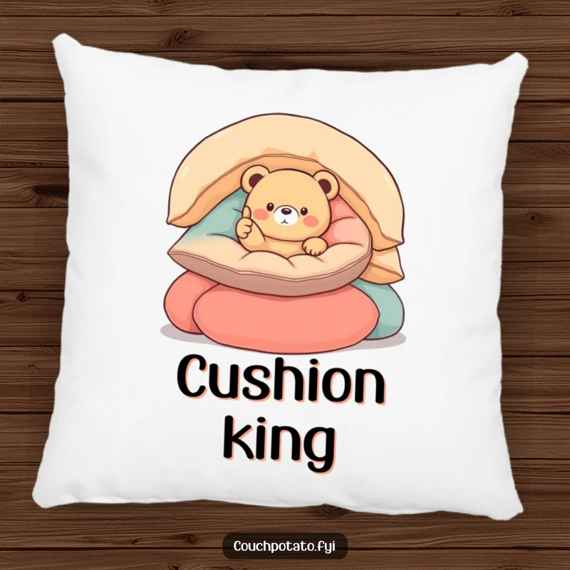 Funny round bear pillow featuring a small, round bear nestled in cushions, giving a thumbs up, designed for ultimate comfort and cheer.