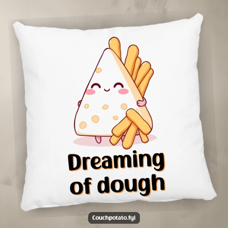 Funny pillow with a smitten cream cheese triangle holding a bouquet of breadsticks, perfect for cozy, romantic moments.