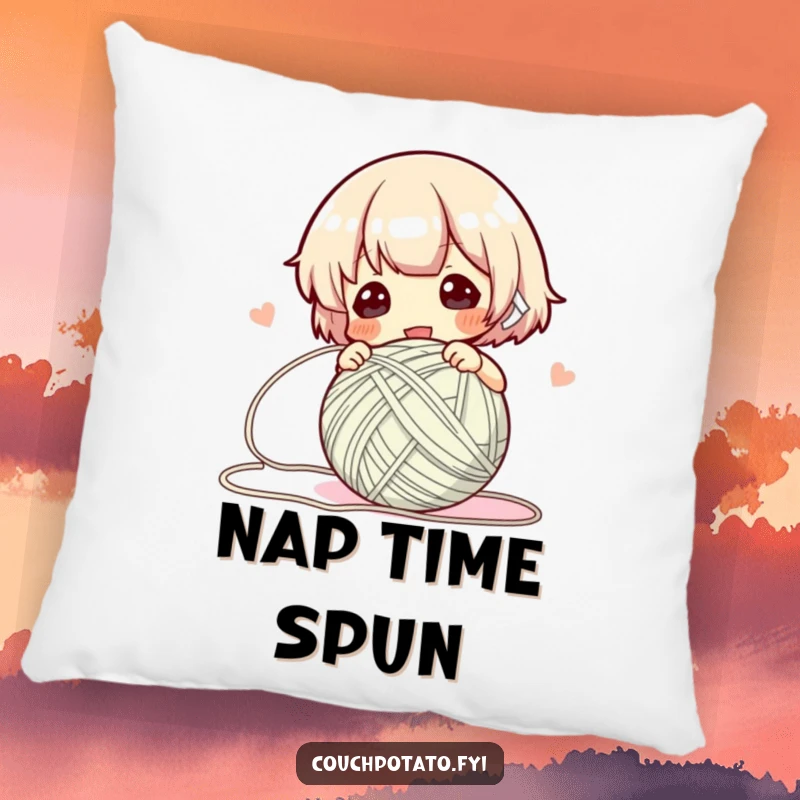 Funny Pillow with a character efficiently winding yarn into a neat ball, offering comfort and humor.