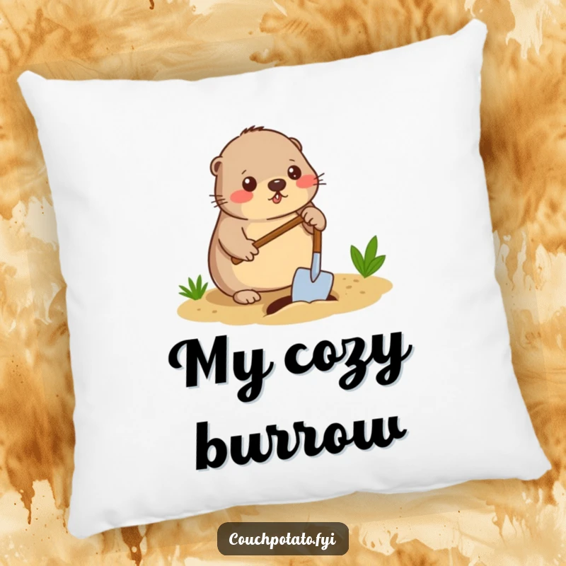 Funny mole digger pillow, a diligent mole digging a small hole in the ground with a spade, soft and humorous home decor.