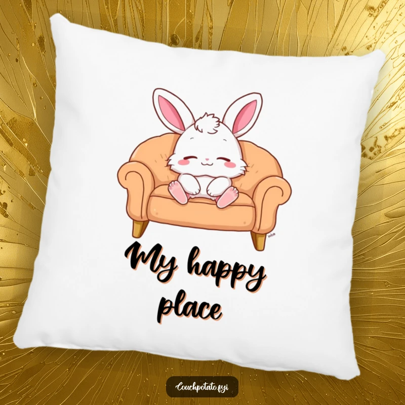 Funny Pillow: A fluffy bunny reclines on a sofa, eyes closed with a peaceful, contented smile. Soft, cuddly, and funny gift.