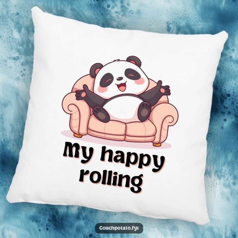 Funny panda pillow featuring a giggling character rolling on a sofa, designed for maximum comfort and cheerful vibes.