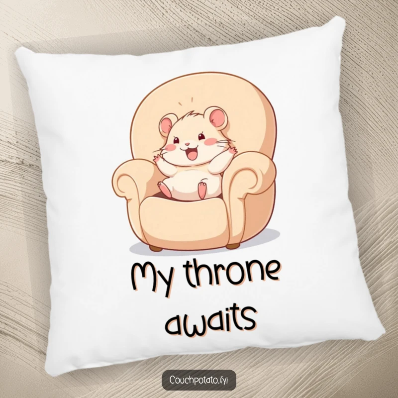 Funny hamster happily rolling in a giant, plush armchair, featured on a soft pillow, offering comfort and comical appeal.