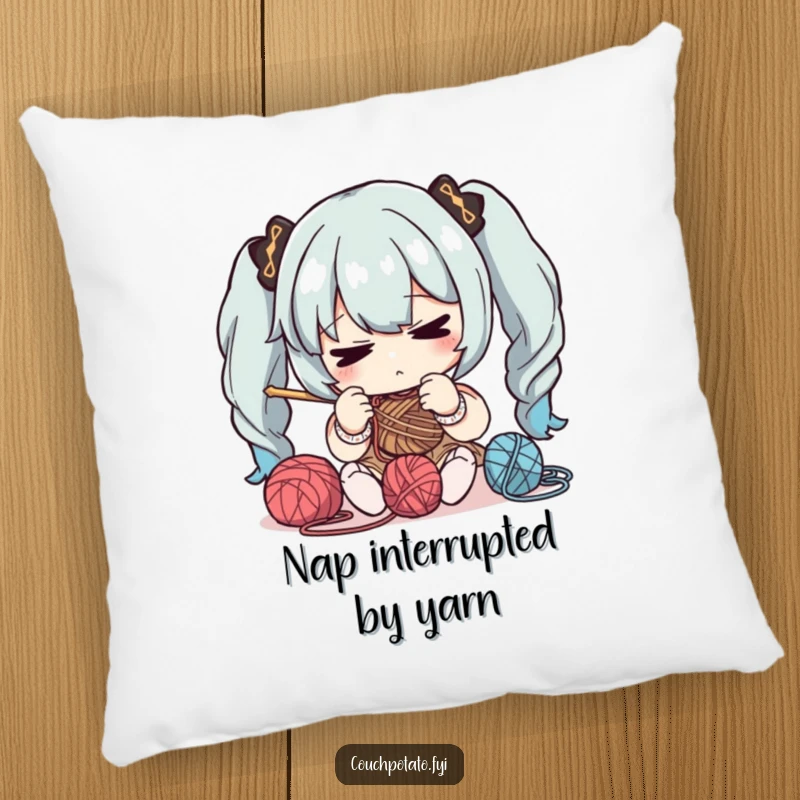 Funny, soft pillow depicting a character with intense concentration on yarn and needles, adding a touch of cozy focus to spaces.