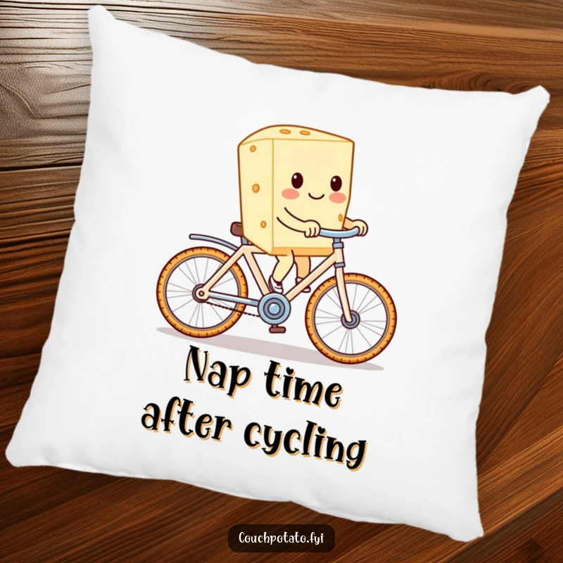 Funny cream cheese character on a cracker bike, embroidered on a plush pillow for maximum comfort and comedic appeal.
