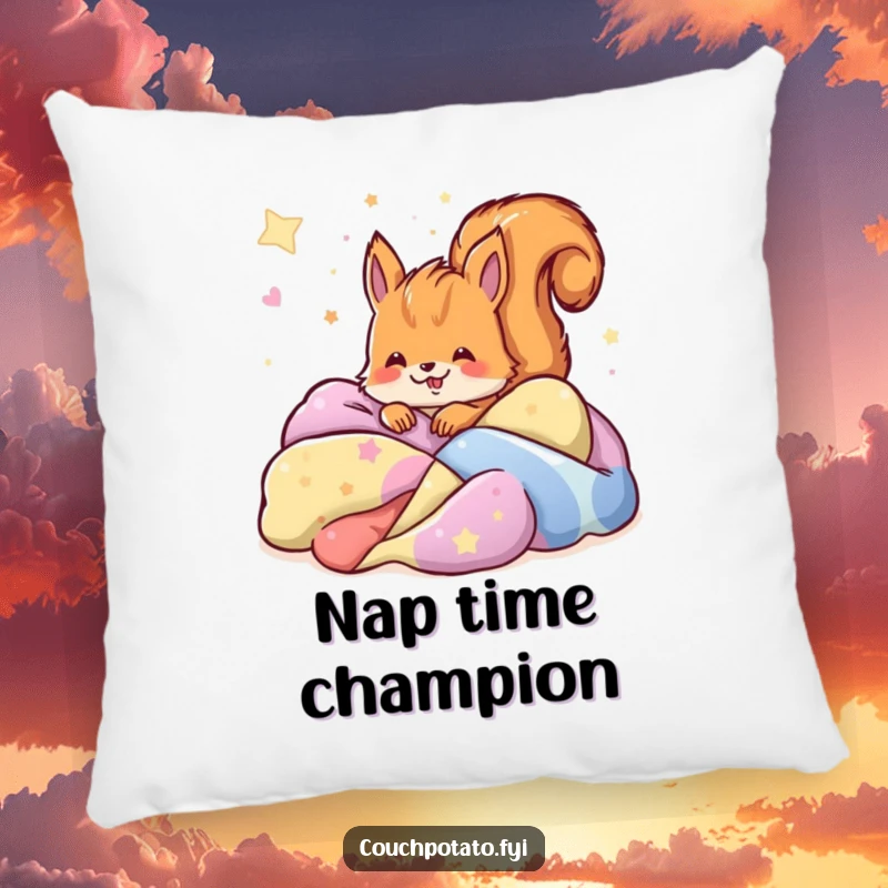 Funny squirrel buried in colorful blankets having sweet dreams, featured on a soft, plush pillow.