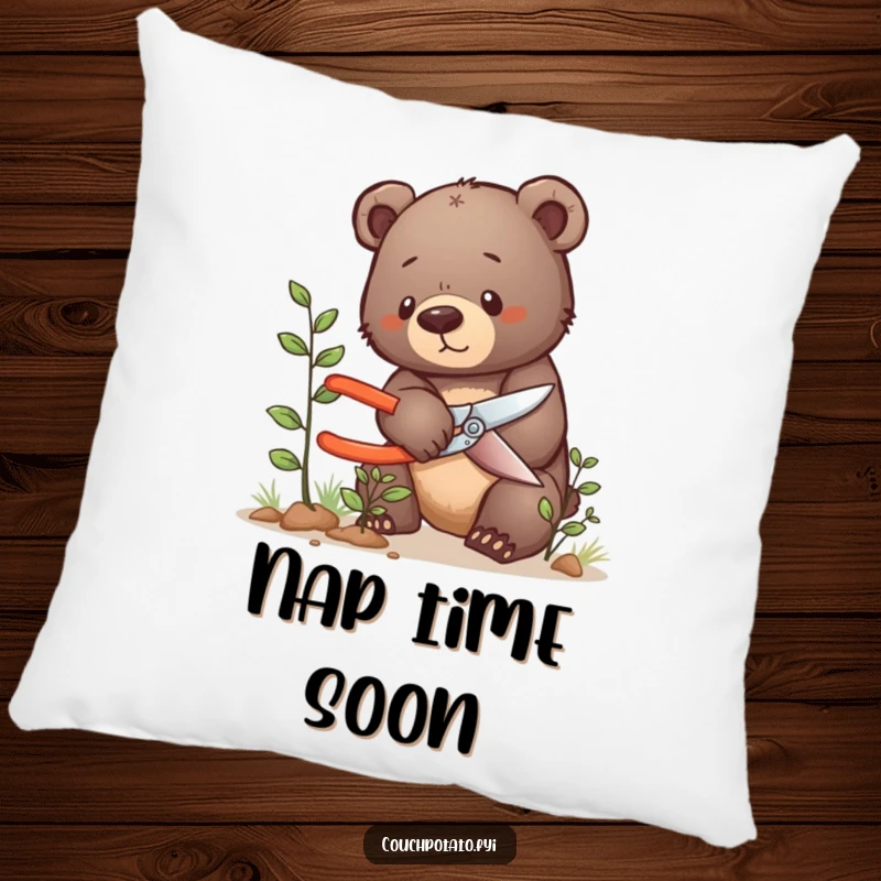 Funny bear cub pillow, a determined bear cub is shown carefully pruning a tiny bush with shears, offering comfort.