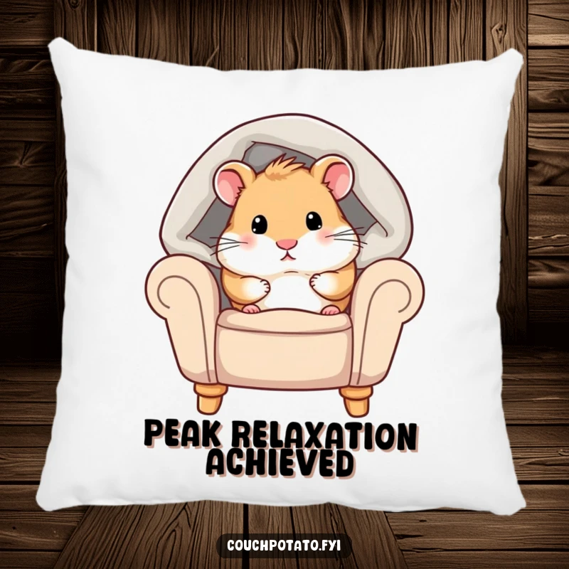 Funny hamster pillow featuring a chubby hamster peeking from under a cozy blanket on an armchair, designed for maximum comfort and cuteness.