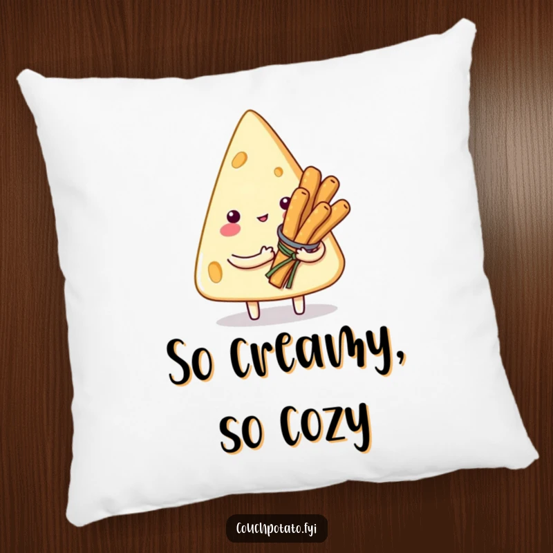 Funny pillow with a smitten cream cheese character offering a bouquet of small breadsticks, providing comfort and a humorous aesthetic.