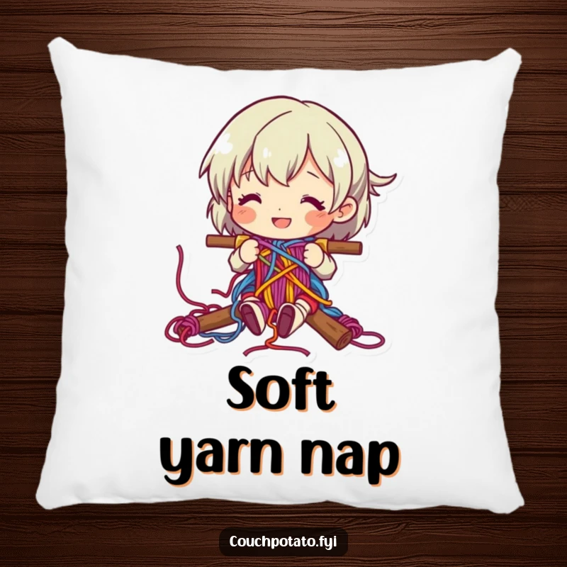 Funny character happily weaving colorful yarn into a complex pattern on a soft throw pillow.