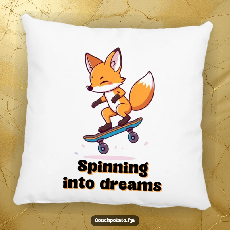 Funny Fox Pillow: A daring fox balances on one skateboard wheel performing a trick, offering comfort with a humorous twist.