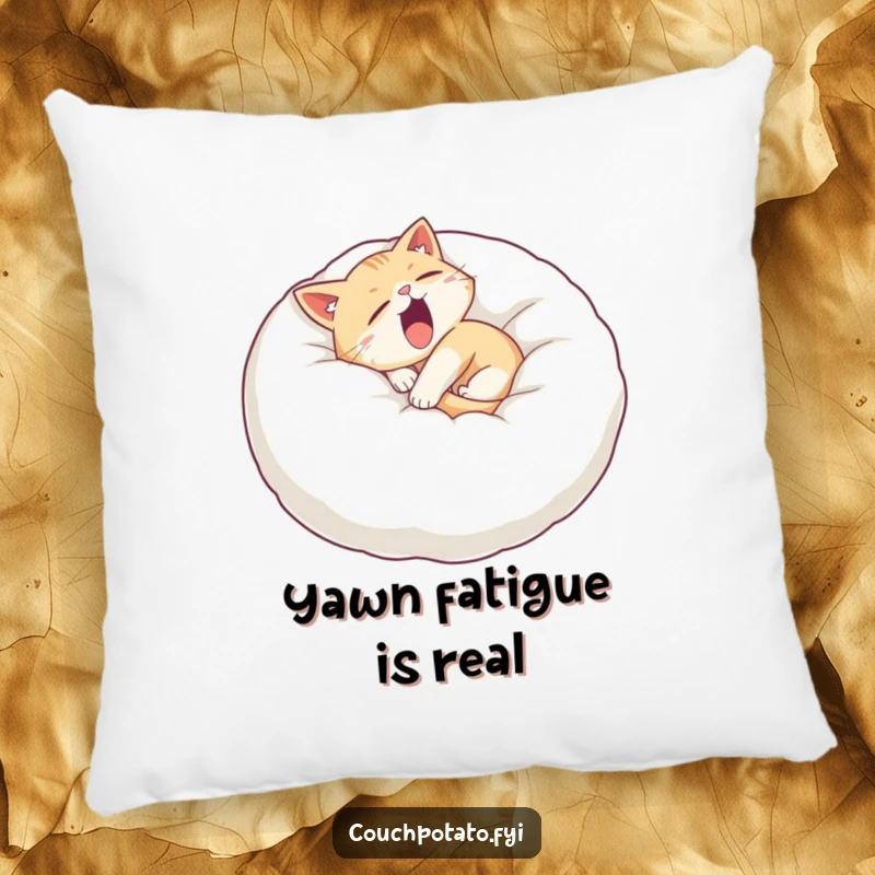 Funny sleepy cat pillow featuring a cat curled on a giant fluffy pillow, yawning widely, designed for maximum comfort and cuteness.