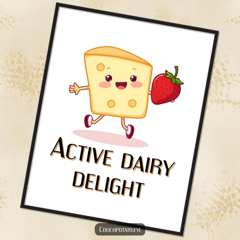 Funny cream cheese and strawberry digital art print, showcasing them happily jumping rope for instant humorous and quirky wall decor.