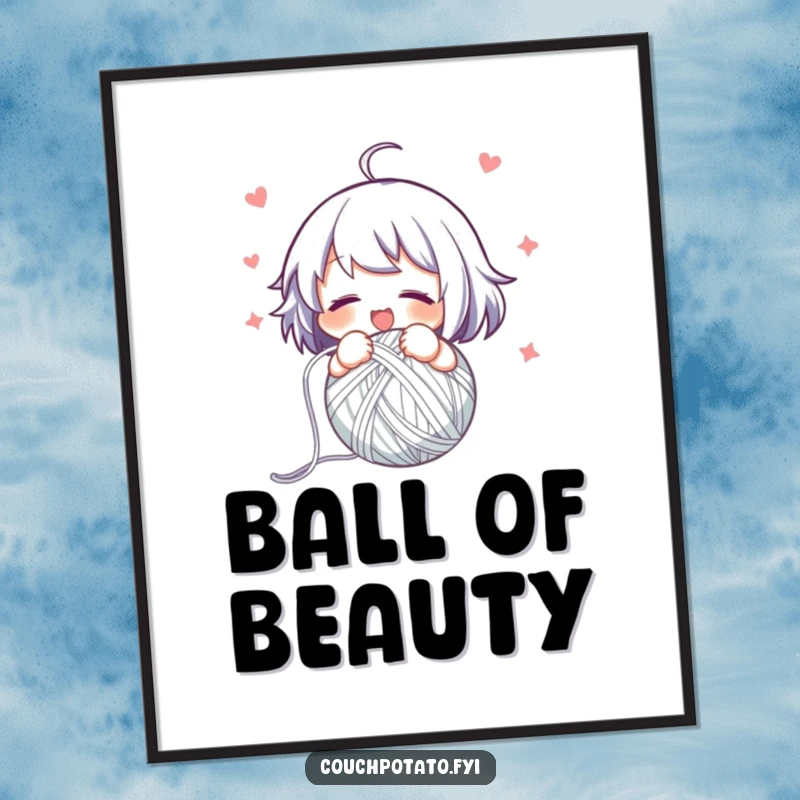 Funny digital art print of a character swiftly and happily winding yarn into a neat ball, representing organized crafting.