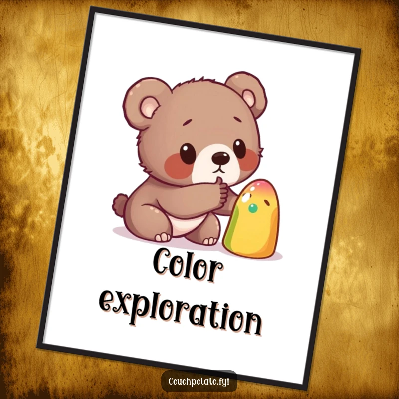 Funny digital art print of a curious bear cub poking a strange, colorful object, perfect for humorous wall decor and lovers of cute animals.