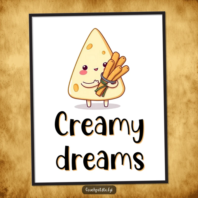 Funny digital art print of a smitten cream cheese wedge character holding breadsticks, ideal for instant humorous decoration.