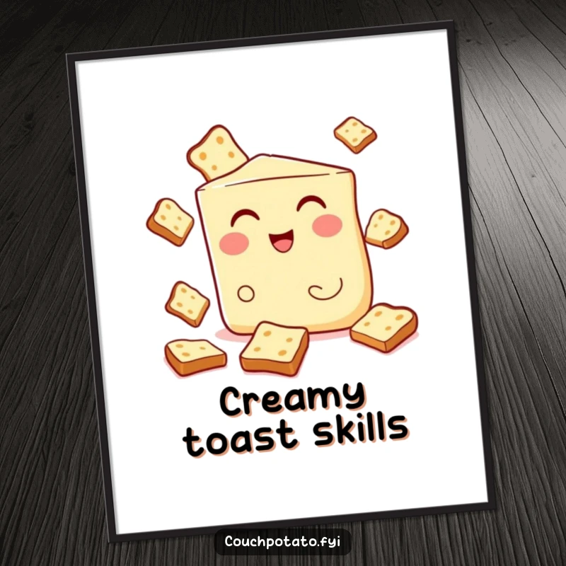 Funny digital art of a winking cream cheese wedge juggling toast, ideal for instant humorous and breakfast-themed wall decor.