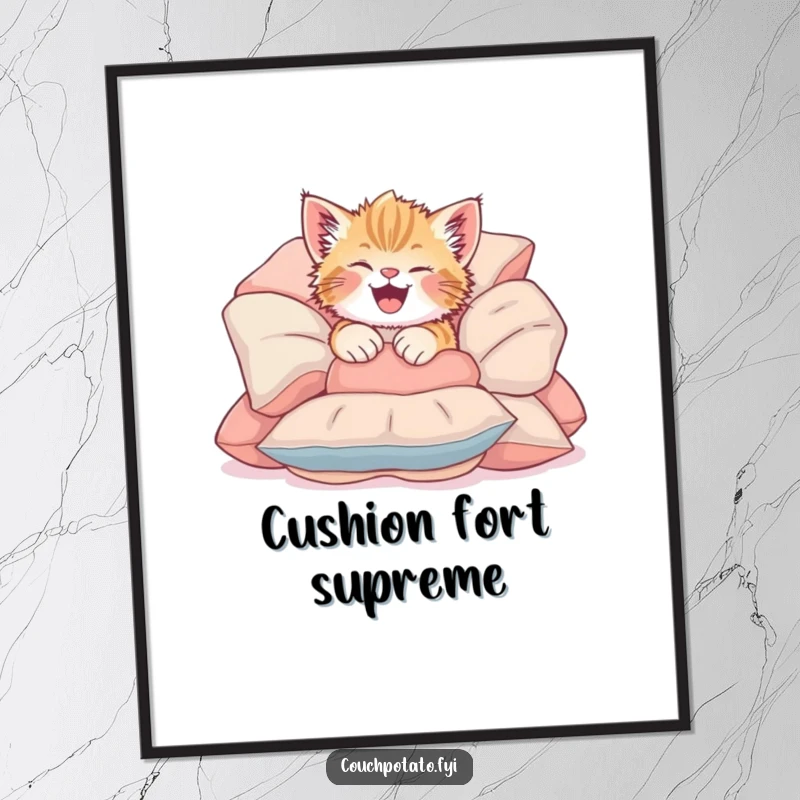 Funny Giggling Kitten Digital Art Print of a cute kitten joyfully tumbling into soft cushions, bringing instant playfulness.