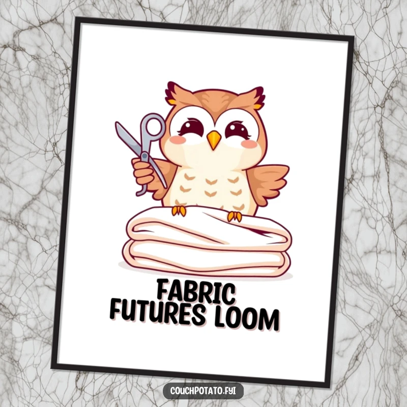 Funny joyful owl holding scissors above neatly folded fabric, as a funny digital art print for instant decor.