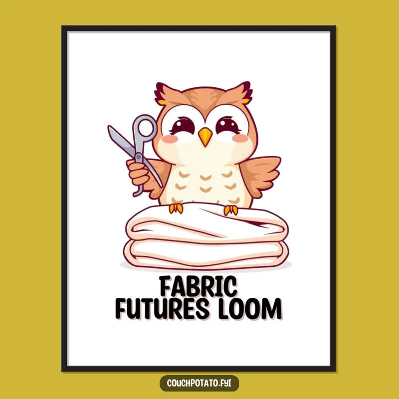 Funny Joyful Owl Sewing Digital Art Print: Whimsical Owl Crafting Decor