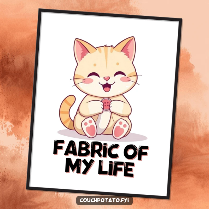 Funny Cat Digital Art Print: A happy cat confidently sews a button onto fabric, showcasing its skillful stitching with charm.