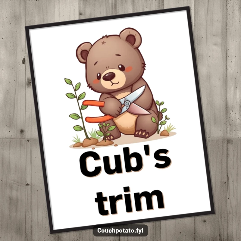 Funny bear cub digital art print, a determined bear cub meticulously prunes a tiny bush with shears.