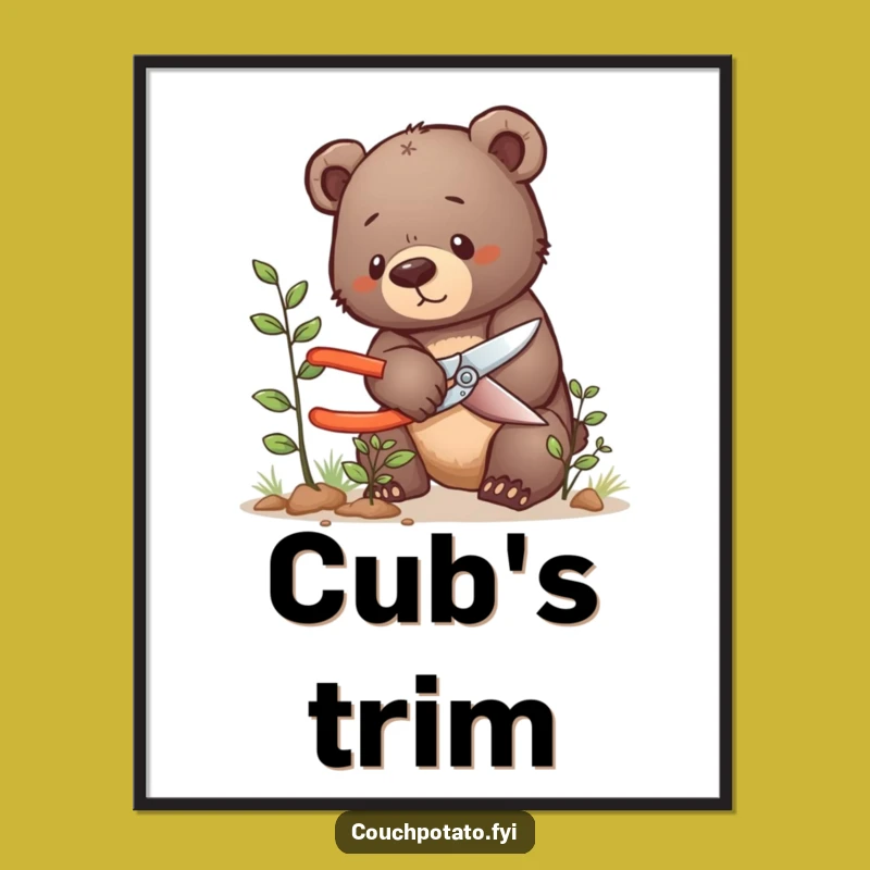 Funny Bear Cub Pruning Digital Art: Tiny Gardener, Hilarious Printable for Inspiration