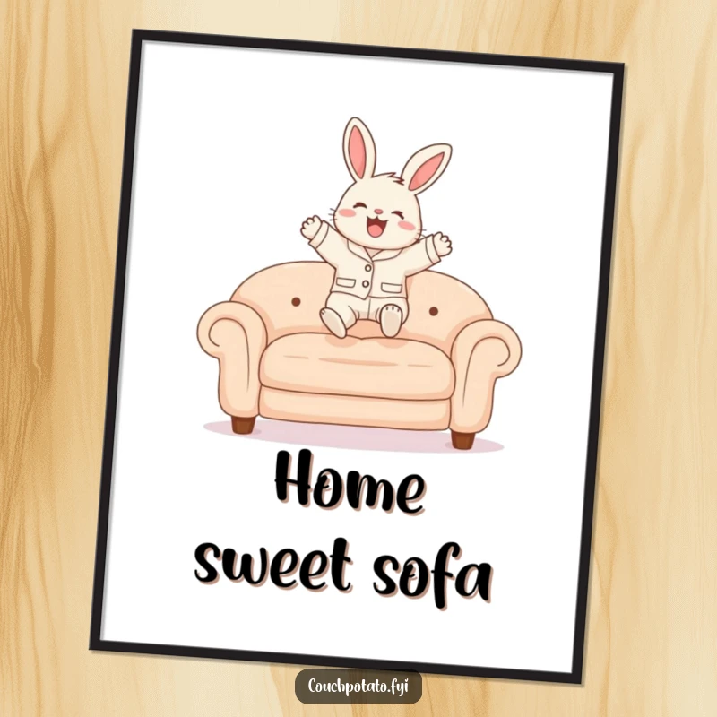 Funny Bunny Pajama Digital Art Print of a fluffy bunny in pajamas joyfully leaping onto a plush sofa, bringing instant cheer.