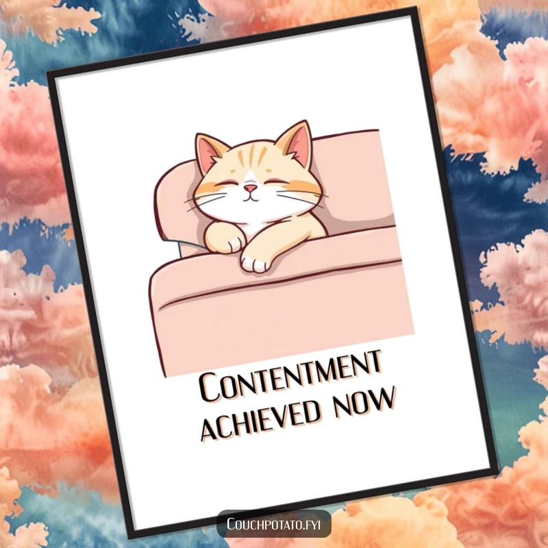 Funny content cat dozing off on a sofa, one paw dangling, purring softly, a tranquil digital art print.