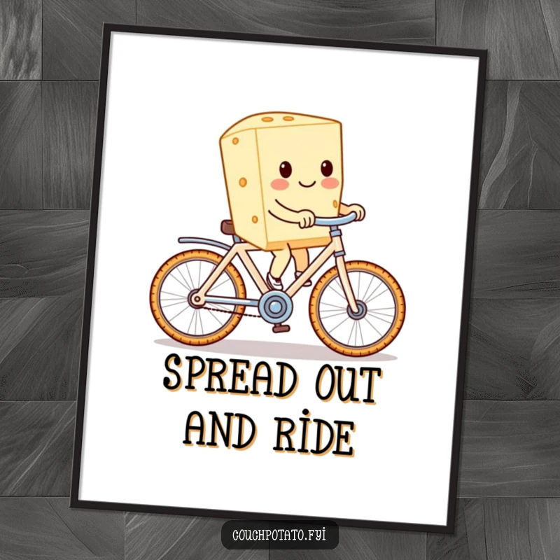 Funny cream cheese riding a cracker bike, rendered as a downloadable digital art print for vibrant and humorous home decor.